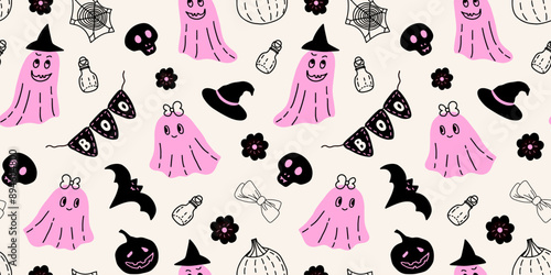Halloween seamless pattern with cute ghosts, witch hat, boo bunting, pumpkins, bat, skull, flowers, bows, spider web and potion. Vector illustration in pink, black and white colors. October holiday.