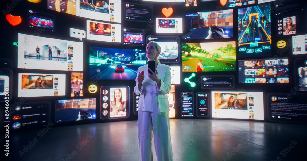 Portrait Of Caucasian Woman Connecting Via Smartphone To Virtual Network Of Social Media, Online Gaming, Video Streaming, e-Commerce Shopping. Female Internet User Enjoying Web Culture Concept. Portrait Of Caucasian Woman Connecting Via Smartphone To Virtual Network Of Social Media, Online Gaming, Video Streaming, e-Commerce Shopping. Female Internet User Enjoying Web Culture Concept.