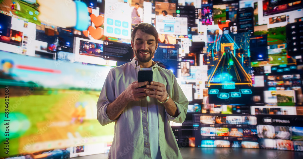 Portrait Of Caucasian Man Using Smartphone in 3D Cyberspace With Animated Social Media Interfaces, Online Video Games, Viral Videos, Internet Content. Visualization Of Blockchain Technology Concept. Portrait Of Caucasian Man Using Smartphone in 3D Cyberspace With Animated Social Media Interfaces, Online Video Games, Viral Videos, Internet Content. Visualization Of Blockchain Technology Concept.