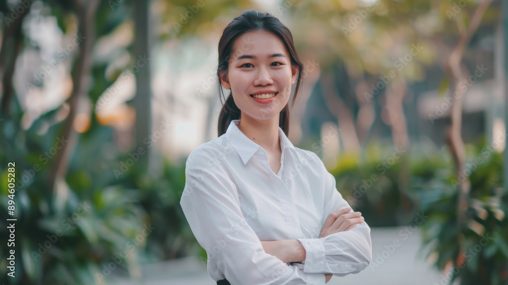 A cheerful young woman in a white shirt smiles warmly, crossing her arms, standing amidst a lush, green urban garden. A cheerful young woman in a white shirt smiles warmly, crossing her arms, standing amidst a lush, green urban garden.