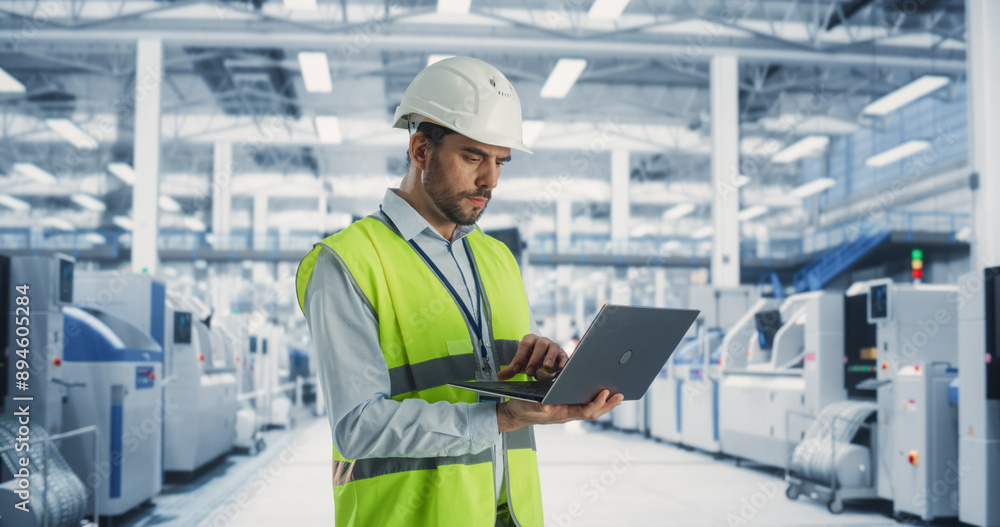 Portrait Of a Caucasian Male Engineer Standing In Factory Hall, Using Laptop Computer at a Machinery Manufacturing Facility. Specialist Using Online Software to Program Equipment on Production Line. Portrait Of a Caucasian Male Engineer Standing In Factory Hall, Using Laptop Computer at a Machinery Manufacturing Facility. Specialist Using Online Software to Program Equipment on Production Line.