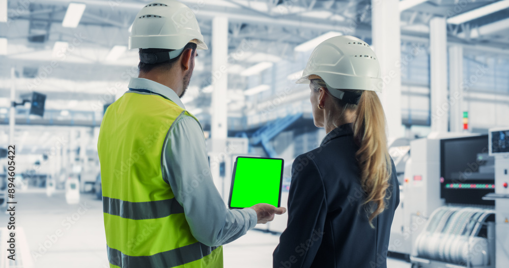 Caucasian Male Engineer Using Tablet With Green Screen Chromakey on Display And Talking To Female Supervisor At Autonomous Assembly Line At Electronics Factory. Colleagues Discussing Complex Projects. Caucasian Male Engineer Using Tablet With Green Screen Chromakey on Display And Talking To Female Supervisor At Autonomous Assembly Line At Electronics Factory. Colleagues Discussing Complex Projects.