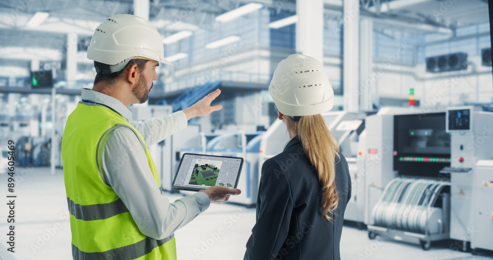 Caucasian Female Manager And Male Engineer Using Tablet Computer With Microchip Blueprints at Automated Electronics Factory. Colleagues Discussing Production Of Microprocessors for High Tech Devices. Caucasian Female Manager And Male Engineer Using Tablet Computer With Microchip Blueprints at Automated Electronics Factory. Colleagues Discussing Production Of Microprocessors for High Tech Devices.