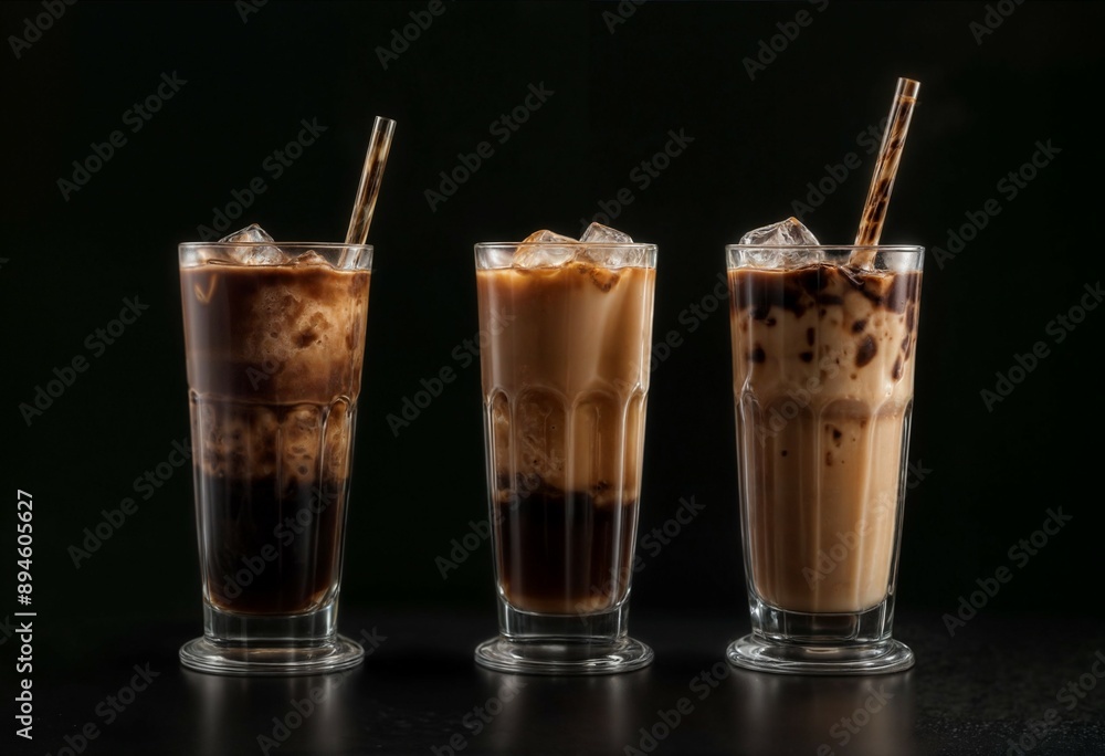 The image features three glasses filled with iced coffee, each containing a different level of milk. The image features three glasses filled with iced coffee, each containing a different level of milk.
