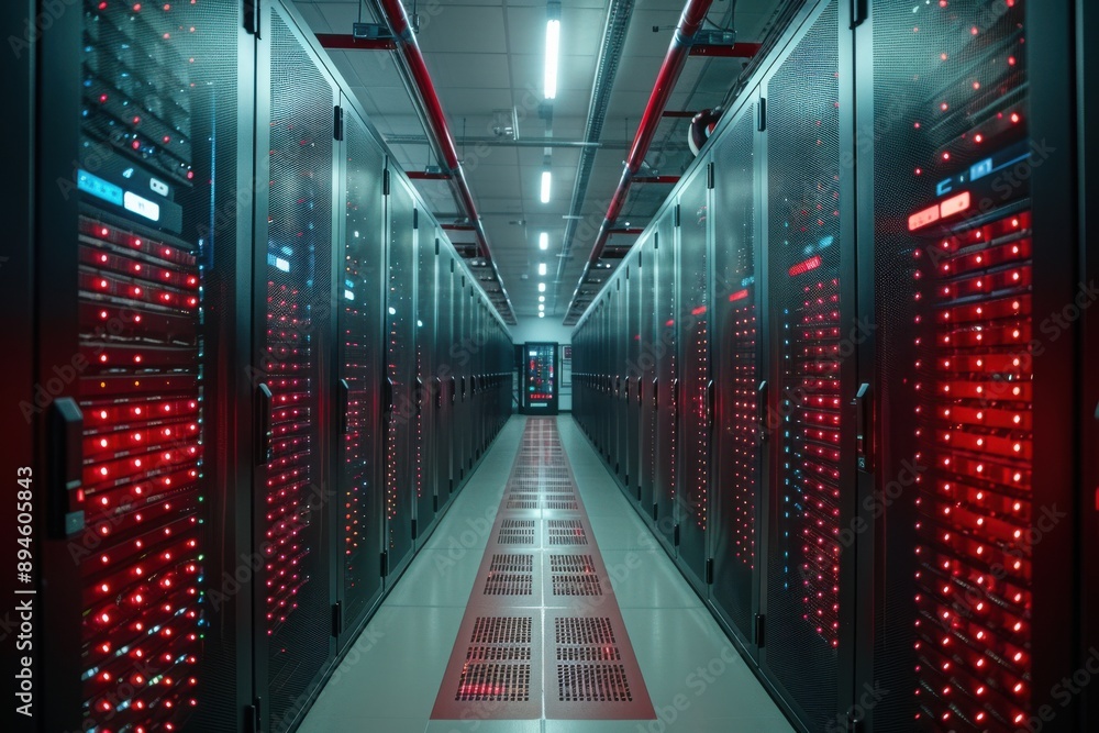 A modern data center hallway with rows of server racks on either side. The servers are illuminated with red and blue LED lights. A modern data center hallway with rows of server racks on either side. The servers are illuminated with red and blue LED lights.
