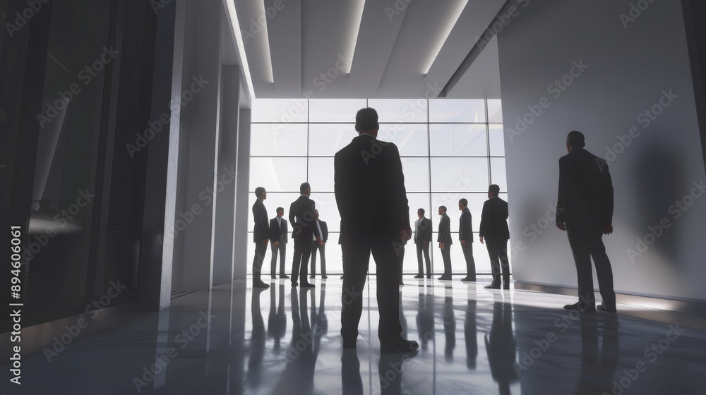 Silhouetted figures in formal attire converse in a sleek, modern office space with expansive windows, conveying a mood of professionalism and corporate ambiance. Silhouetted figures in formal attire converse in a sleek, modern office space with expansive windows, conveying a mood of professionalism and corporate ambiance.