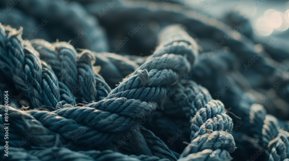 Close-up of rugged, entangled nautical ropes in a dimly lit area, emphasizing texture and the robust nature suitable for maritime or heavy-duty contexts. Close-up of rugged, entangled nautical ropes in a dimly lit area, emphasizing texture and the robust nature suitable for maritime or heavy-duty contexts.