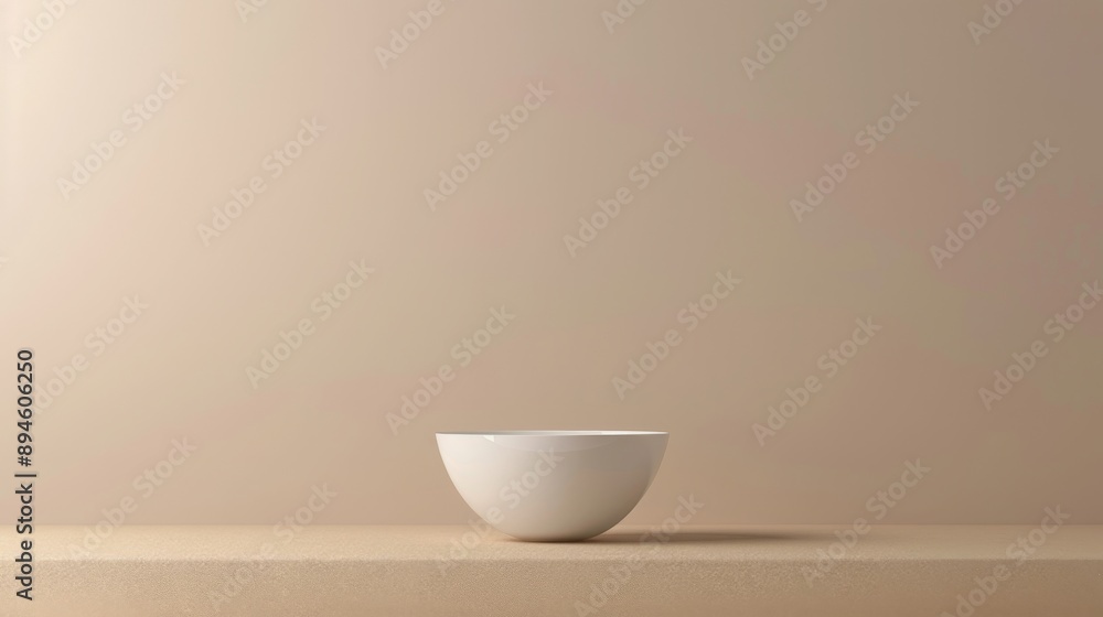 Single White Ceramic Bowl on Light Brown Surface: High-Contrast Minimalist Image Single White Ceramic Bowl on Light Brown Surface: High-Contrast Minimalist Image