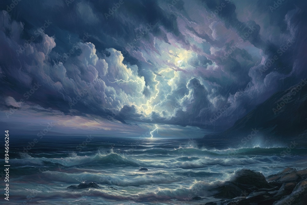 Fototapeta premium Majestic Lightning Strikes Across the Dark Ocean Waves