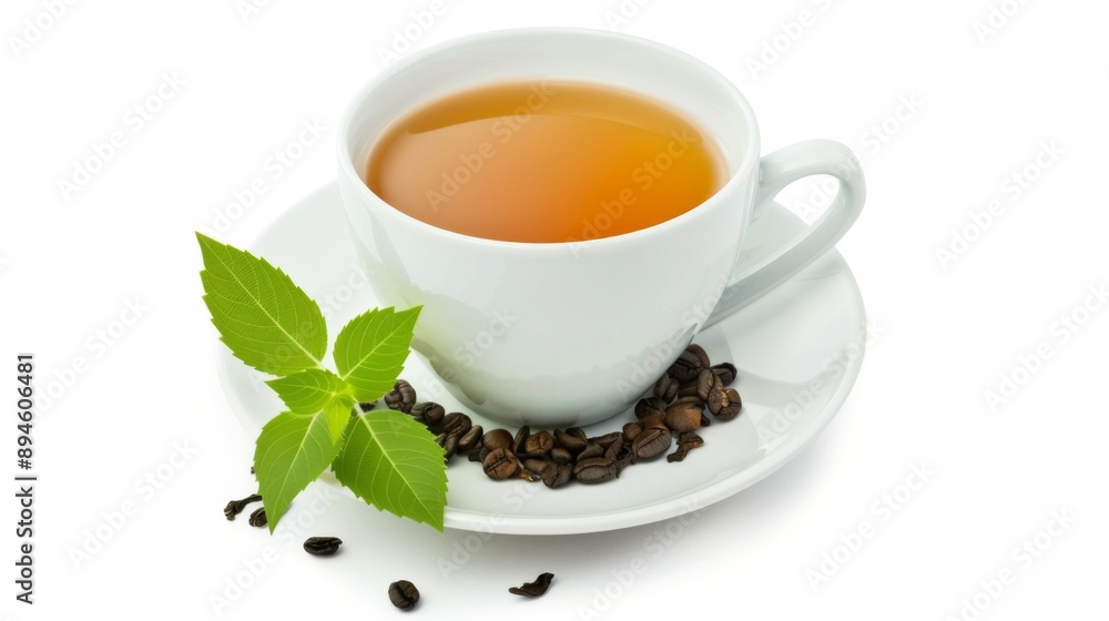 A White Cup of Tea With Green Leaves and Coffee Beans on a White Saucer