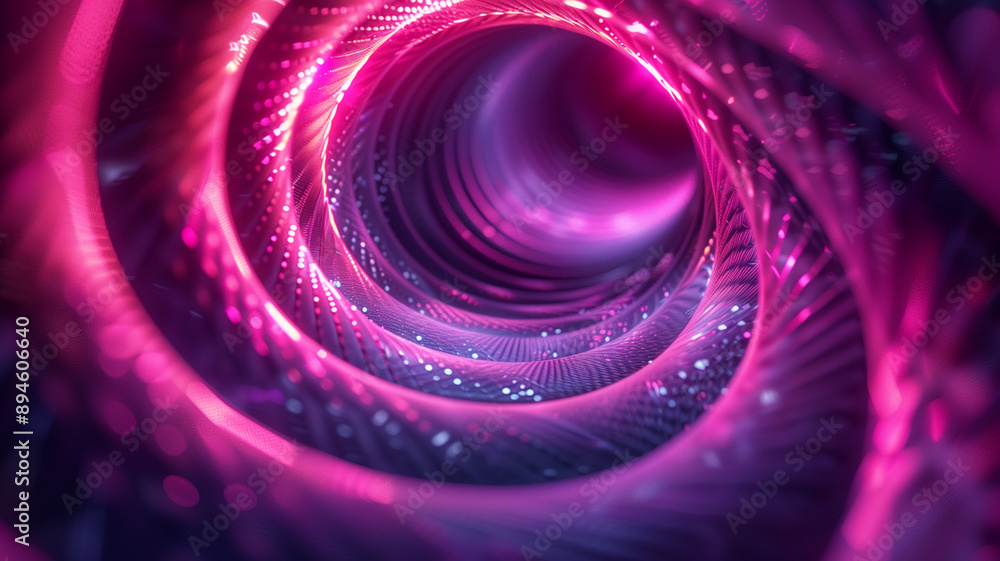 abstract illusion of spiral with geometric shapes of pink and violet neon lines