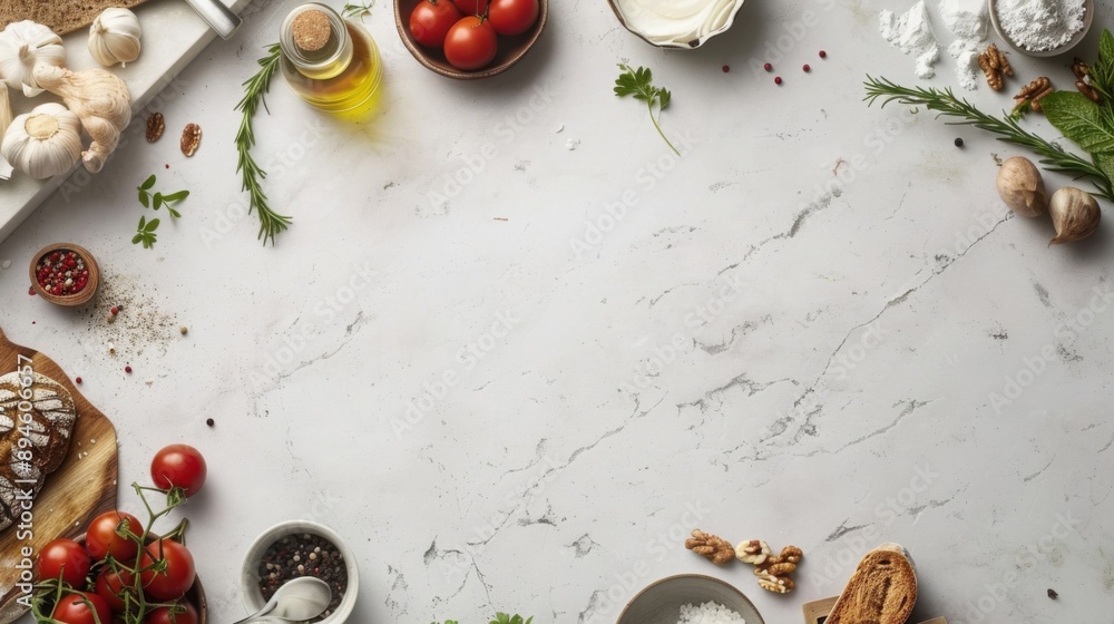 A white background with a variety of food items including tomatoes, bread A white background with a variety of food items including tomatoes, bread