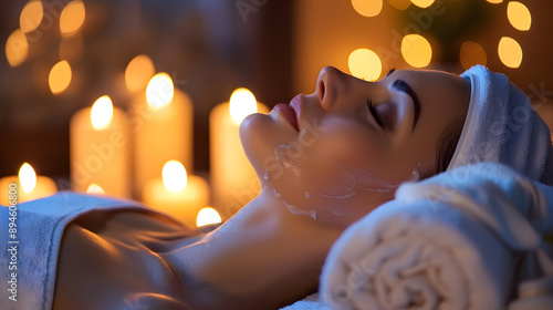 Wallpaper Mural Luxury Spa Treatment: A serene image of a woman receiving a relaxing spa treatment, such as a facial or massage, in a tranquil setting. The room should have soft lighting, aromatic candles, and a back Torontodigital.ca