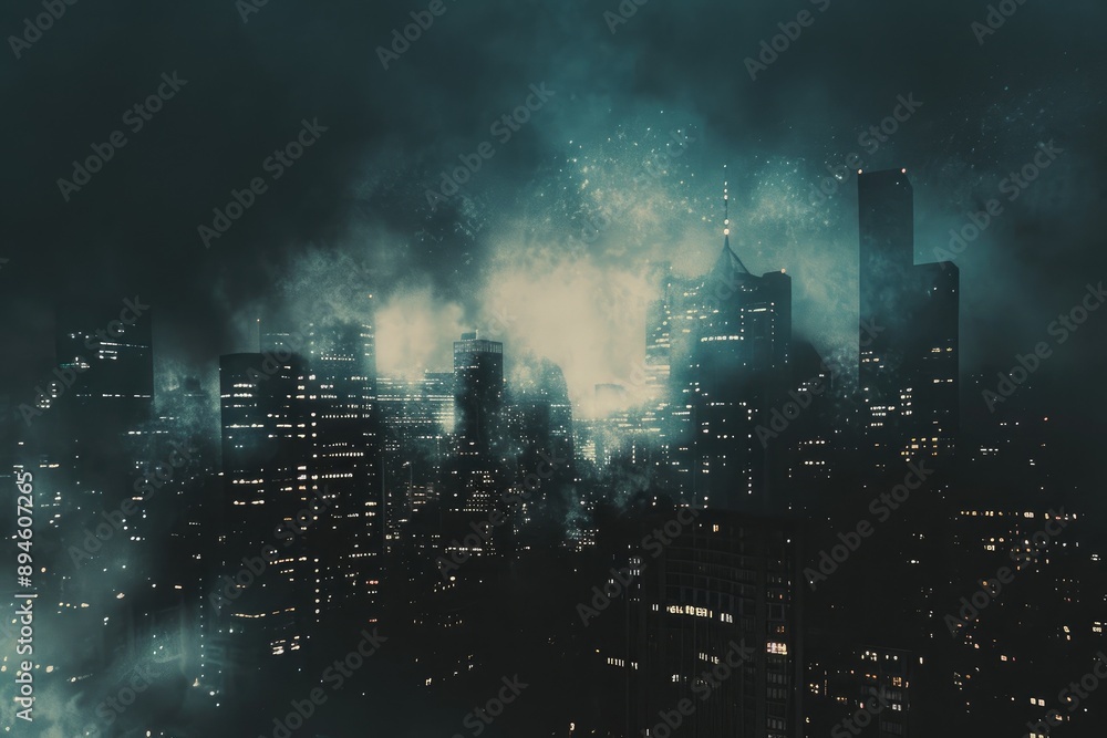 Fototapeta premium Mysterious City Skyline Under Dark Clouds