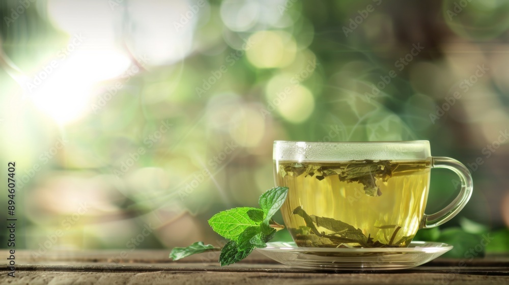 A Cup of Steaming Green Tea on a Wooden Table With a Blurry Green Background A Cup of Steaming Green Tea on a Wooden Table With a Blurry Green Background