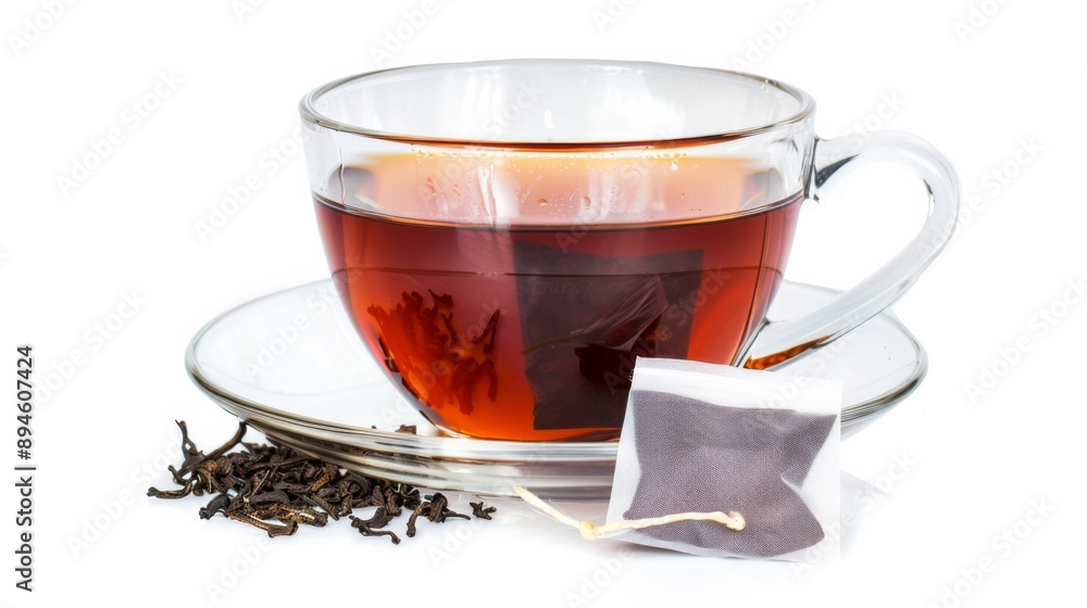 A Cup of Freshly Brewed Black Tea With Tea Bag and Loose Leaves A Cup of Freshly Brewed Black Tea With Tea Bag and Loose Leaves
