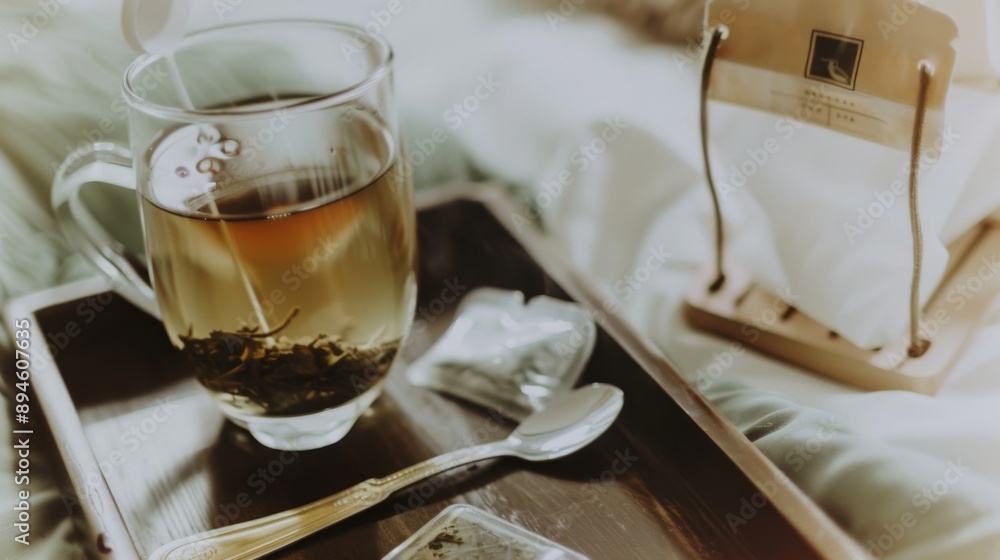 A Glass of Tea on a Wooden Tray in a Bedside Setting A Glass of Tea on a Wooden Tray in a Bedside Setting