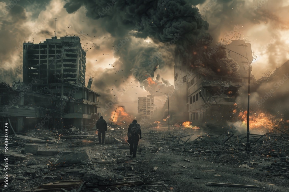Post-Apocalyptic Cityscape with Two Figures. Post-Apocalyptic Cityscape with Two Figures.