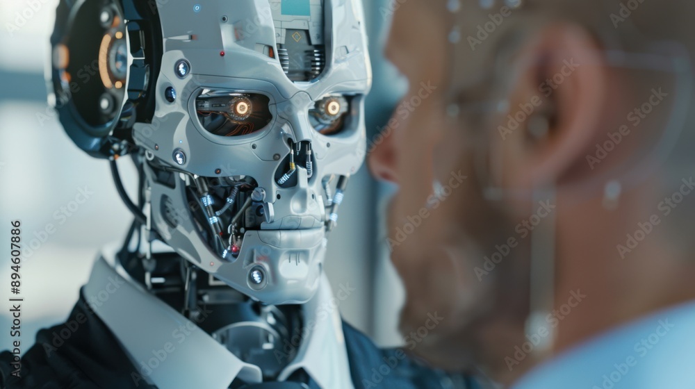 Fototapeta premium A robot with a human face is standing next to a man in a suit