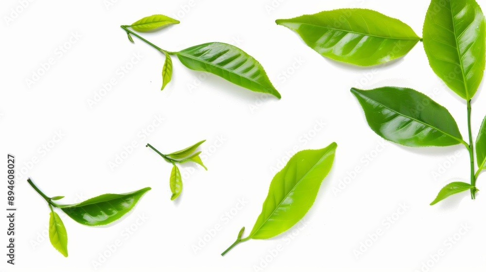 Fresh Green Tea Leaves Isolated on White Background Fresh Green Tea Leaves Isolated on White Background