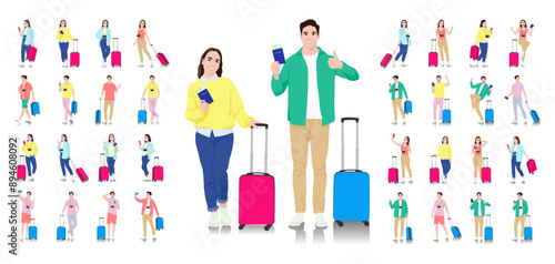 Set of young man and woman tourists with smartphones and passports and tickets. Travelers going on trip in casual clothes with a suitcase. Vector illustration set isolated on white