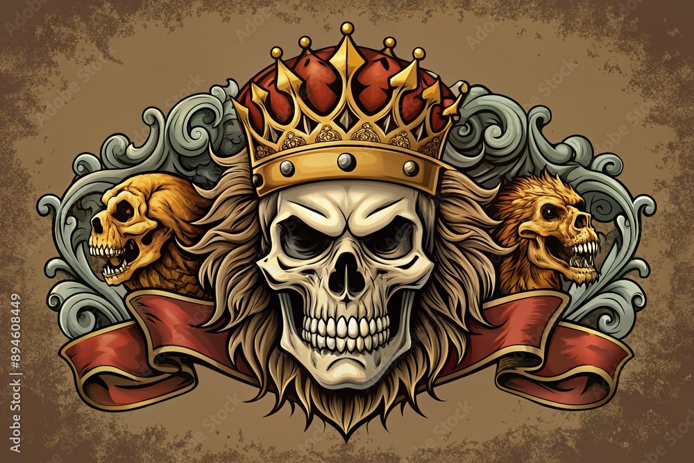 Fototapeta premium skull, vector, tattoo, illustration, head, design, art, symbol, lion, icon, vintage, crown, sign, shield, grunge, banner, halloween, tribal, pattern, evil, face, wild, mascot, pirate, king, death, dea