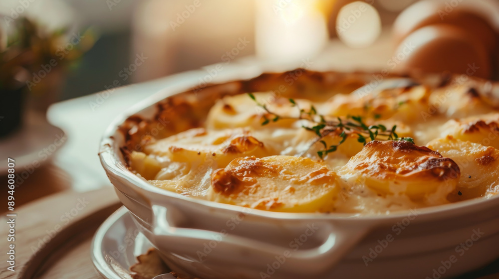 A close-up of a golden, crispy potato gratin dish garnished with fresh herbs, showcasing its deliciously browned surface. A close-up of a golden, crispy potato gratin dish garnished with fresh herbs, showcasing its deliciously browned surface.