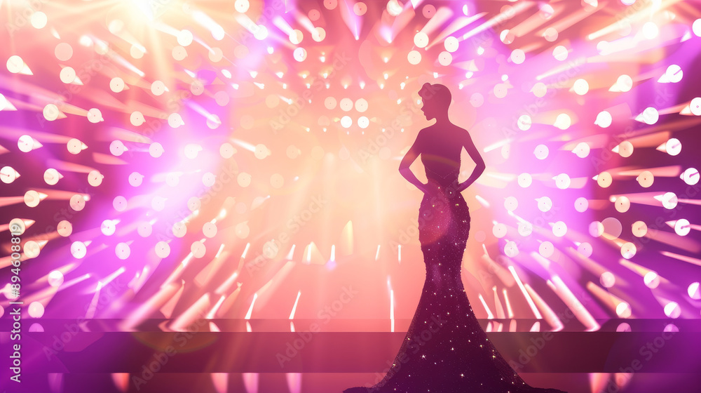 A silhouetted woman in a glittering gown stands on stage, with bright pink and purple lights sparkling around her. A silhouetted woman in a glittering gown stands on stage, with bright pink and purple lights sparkling around her.