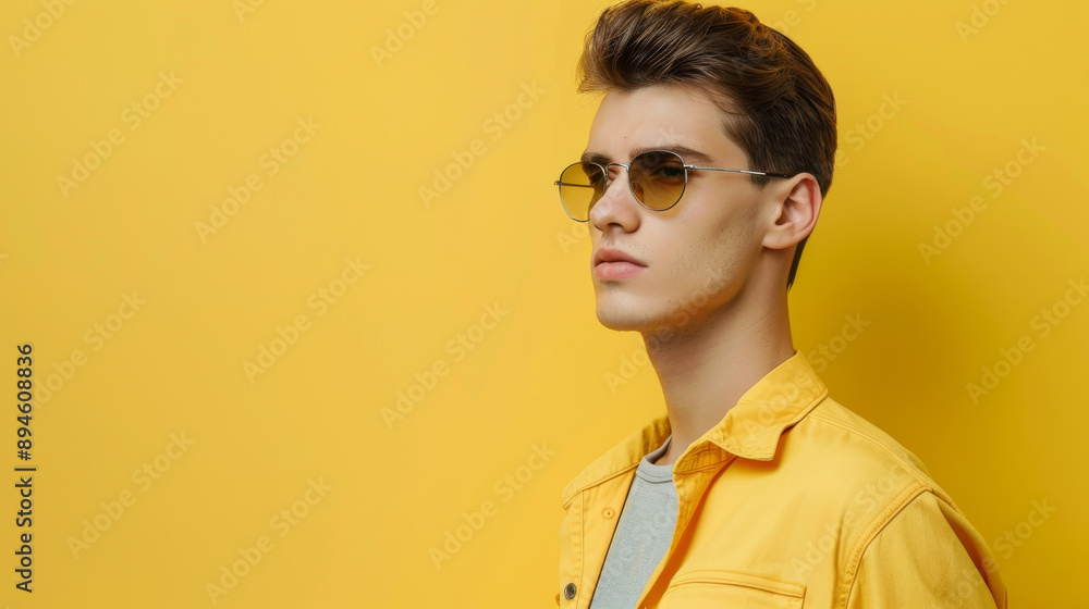 Young man in a yellow jacket and sunglasses poses confidently against a bright yellow backdrop, exuding cool and modern vibes. Young man in a yellow jacket and sunglasses poses confidently against a bright yellow backdrop, exuding cool and modern vibes.