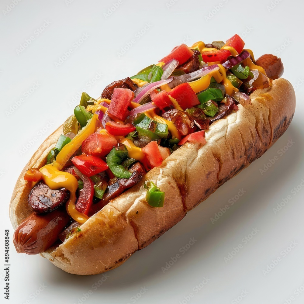 a hot dog with many toppings on it a hot dog with many toppings on it