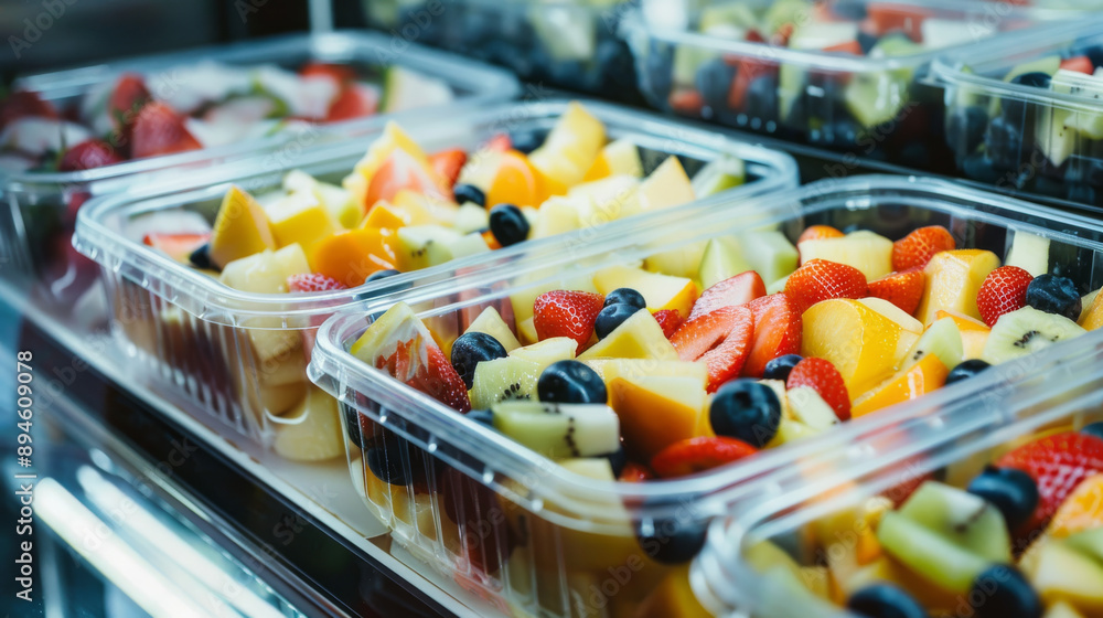 A close-up of assorted fresh fruit salads, including strawberries, kiwis, and blueberries, in clear plastic containers in a refrigerated display. A close-up of assorted fresh fruit salads, including strawberries, kiwis, and blueberries, in clear plastic containers in a refrigerated display.