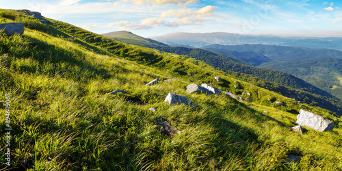 Obraz na płótnie rolling hills of mountain smooth in summer. beautiful alpine landscape of ukraine in morning light. stones on the grassy slope w salonie