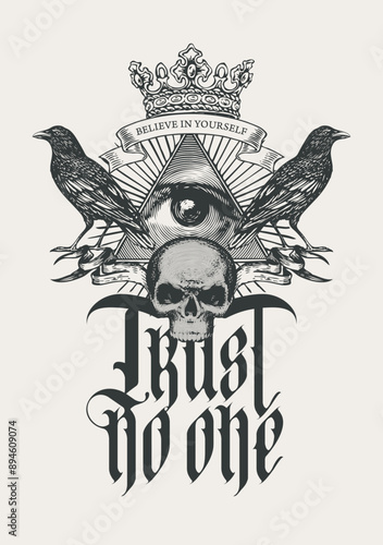 Vector coat of arms with Masonic symbol All-seeing eye of God, crown, black ravens and human skull. Black-white banner in retro style with eye of Providence and inscription gothic font Trust no one