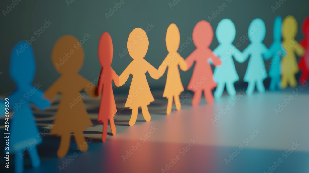 Colorful paper cutout figures hold hands in a joyful chain, symbolizing friendship and unity against a simple backdrop. Colorful paper cutout figures hold hands in a joyful chain, symbolizing friendship and unity against a simple backdrop.
