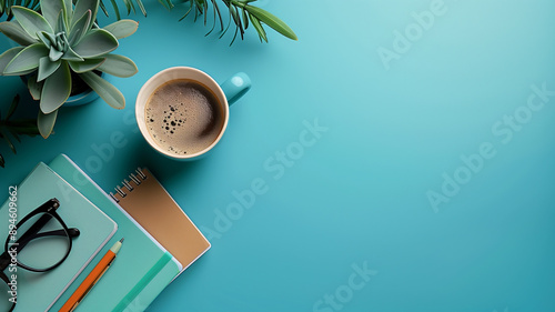 Top view office desk with laptop, notebooks and coffee cup