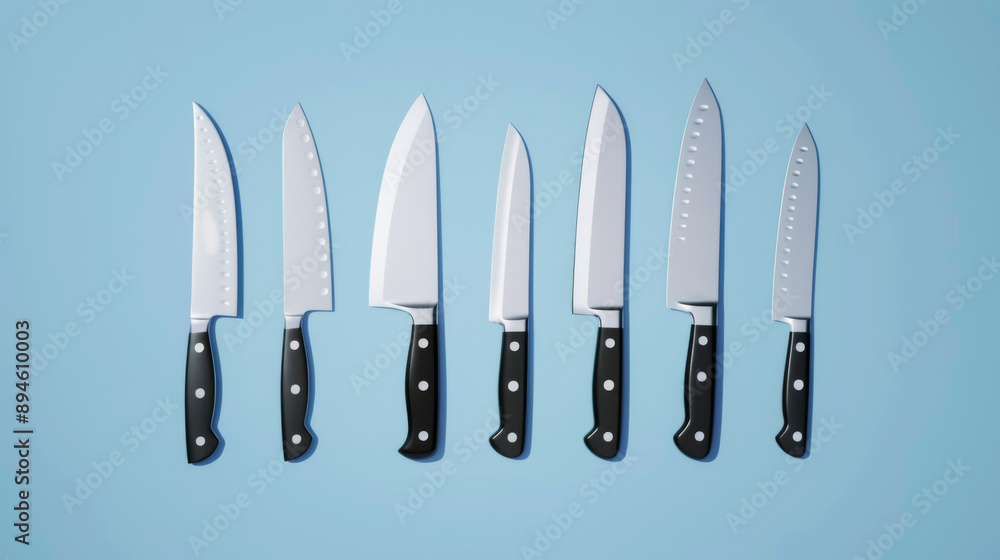 A set of seven kitchen knives with black handles laid out neatly on a light blue background, showcasing different blade shapes and sizes. A set of seven kitchen knives with black handles laid out neatly on a light blue background, showcasing different blade shapes and sizes.