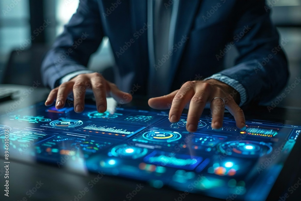 Close-up of businessman's hands using holographic screens to plan and manage projects at the office. Close-up of businessman's hands using holographic screens to plan and manage projects at the office.