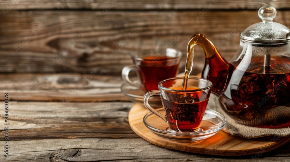 Freshly Brewed Tea Being Poured Into Glass Cups on Wooden Table Freshly Brewed Tea Being Poured Into Glass Cups on Wooden Table