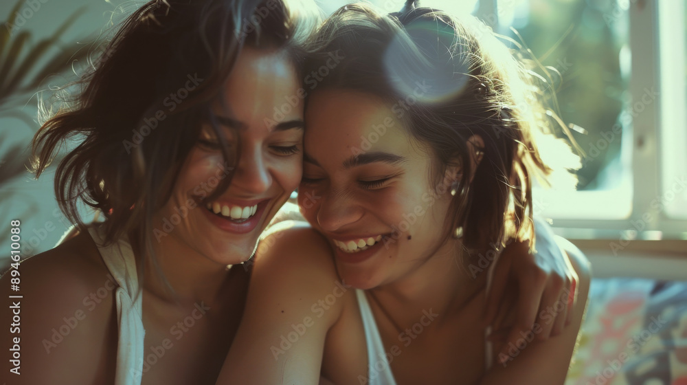 Two young women enjoy a joyful, close moment together, smiling warmly and radiating affection and happiness. Two young women enjoy a joyful, close moment together, smiling warmly and radiating affection and happiness.
