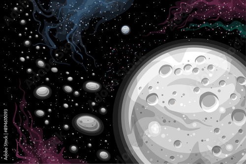 Vector Fantasy Space Chart, horizontal astronomical poster with illustration of dwarf planet Ceres with asteroid belt in deep space, decorative futuristic cosmo print with dark starry space background