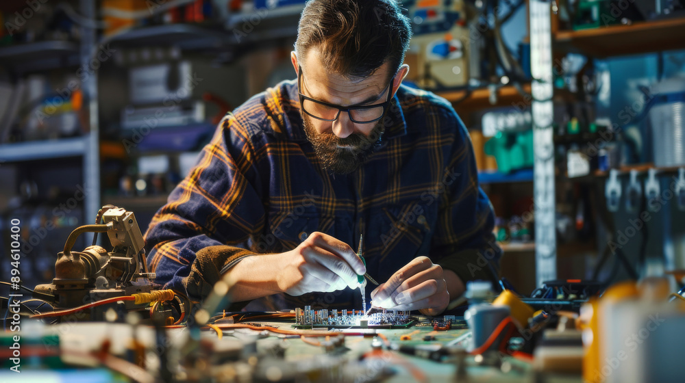 A focused man in a workshop meticulously works on an electronic device, surrounded by tools and components, exemplifying dedication and craftsmanship. A focused man in a workshop meticulously works on an electronic device, surrounded by tools and components, exemplifying dedication and craftsmanship.