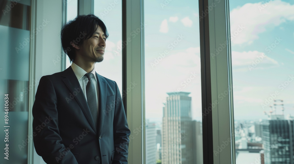 A confident professional gazes out of a tall building's window, capturing an urban skyline and a motivational moment of reflection. A confident professional gazes out of a tall building's window, capturing an urban skyline and a motivational moment of reflection.