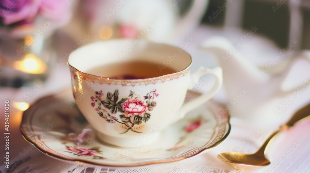 A Close-Up of a Porcelain Teacup With Floral Design on a Lace Tablecloth A Close-Up of a Porcelain Teacup With Floral Design on a Lace Tablecloth