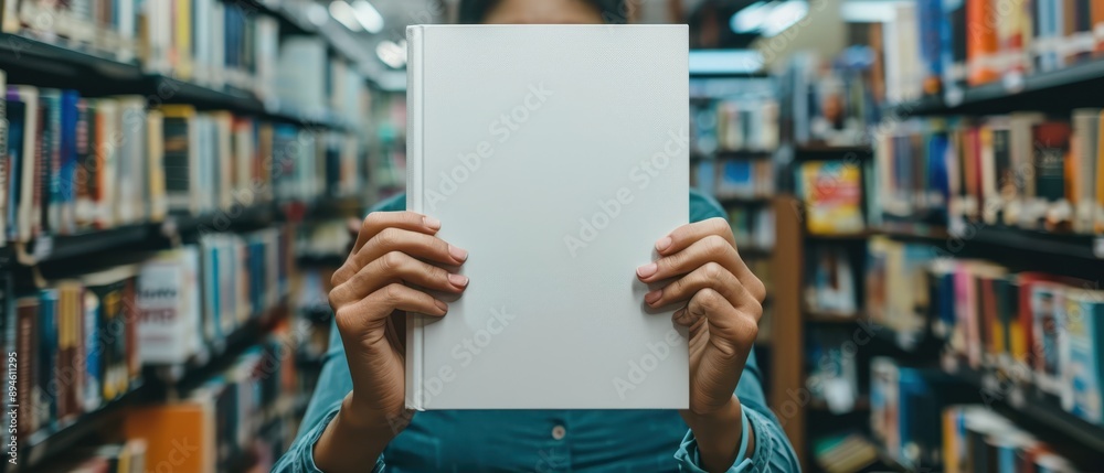 Close up blank book cover mockup being held by a person in a library Close up blank book cover mockup being held by a person in a library