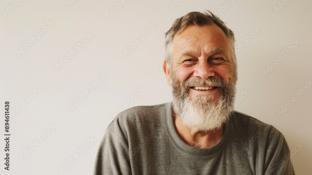 A cheerful man with a light beard in a gray sweater smiles broadly against a plain white background. A cheerful man with a light beard in a gray sweater smiles broadly against a plain white background.