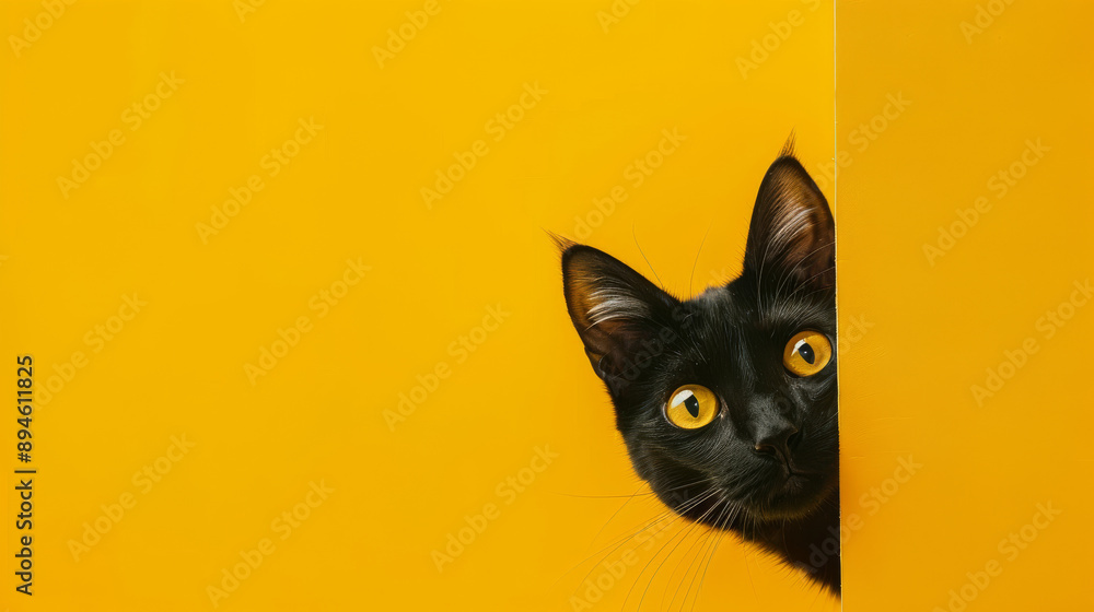 A curious black cat with large yellow eyes peeks around a yellow wall, creating a charming and vibrant visual. A curious black cat with large yellow eyes peeks around a yellow wall, creating a charming and vibrant visual.