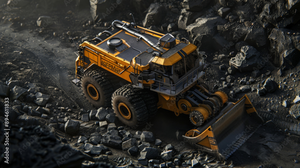 A heavy-duty mining vehicle is navigating through a rugged, rocky terrain under a grey sky, showcasing industrial strength and engineering. A heavy-duty mining vehicle is navigating through a rugged, rocky terrain under a grey sky, showcasing industrial strength and engineering.