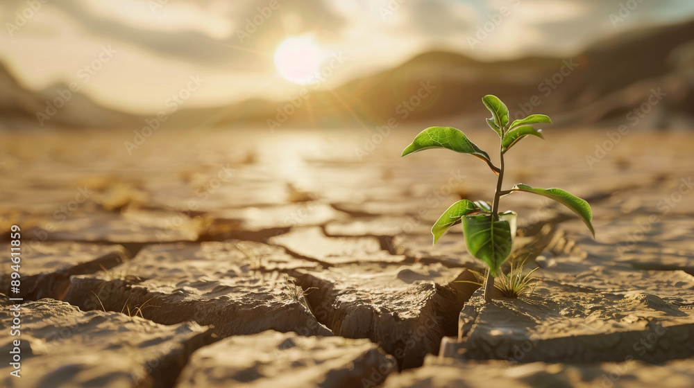 A green plant bravely growing from a dry, cracked surface under a golden sunset sky, representing resilience and renewal against all odds. A green plant bravely growing from a dry, cracked surface under a golden sunset sky, representing resilience and renewal against all odds.