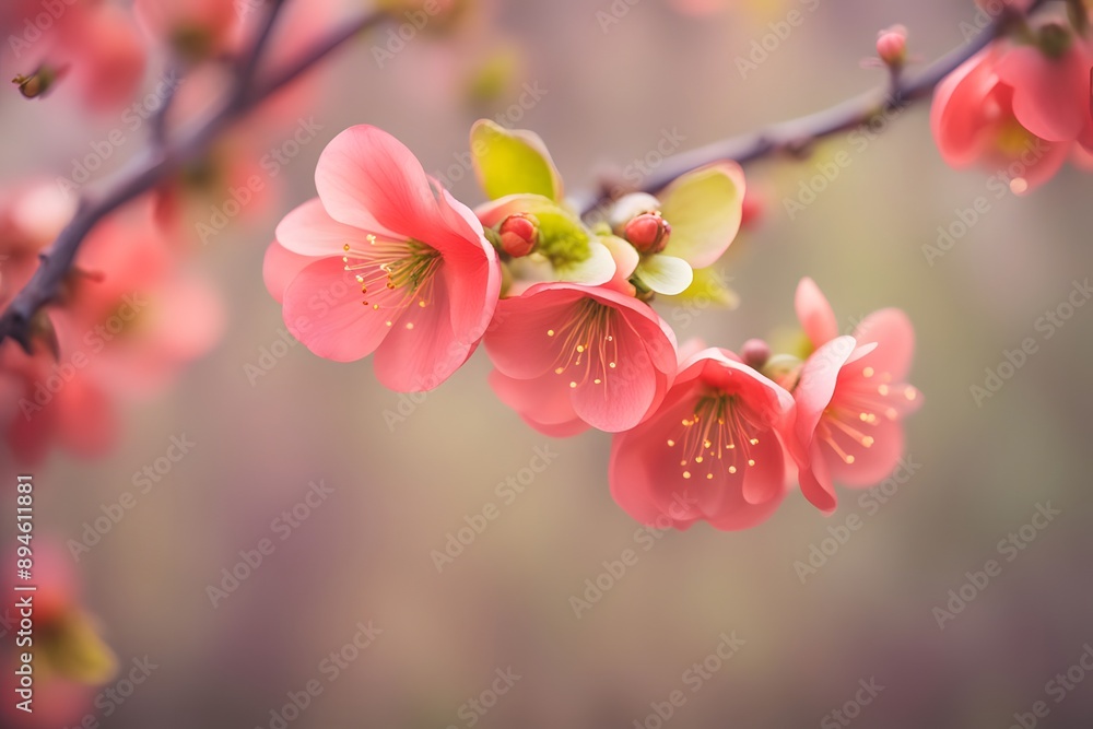 Flowering quince flower bokeh background, Ai Generated Flowering quince flower bokeh background, Ai Generated