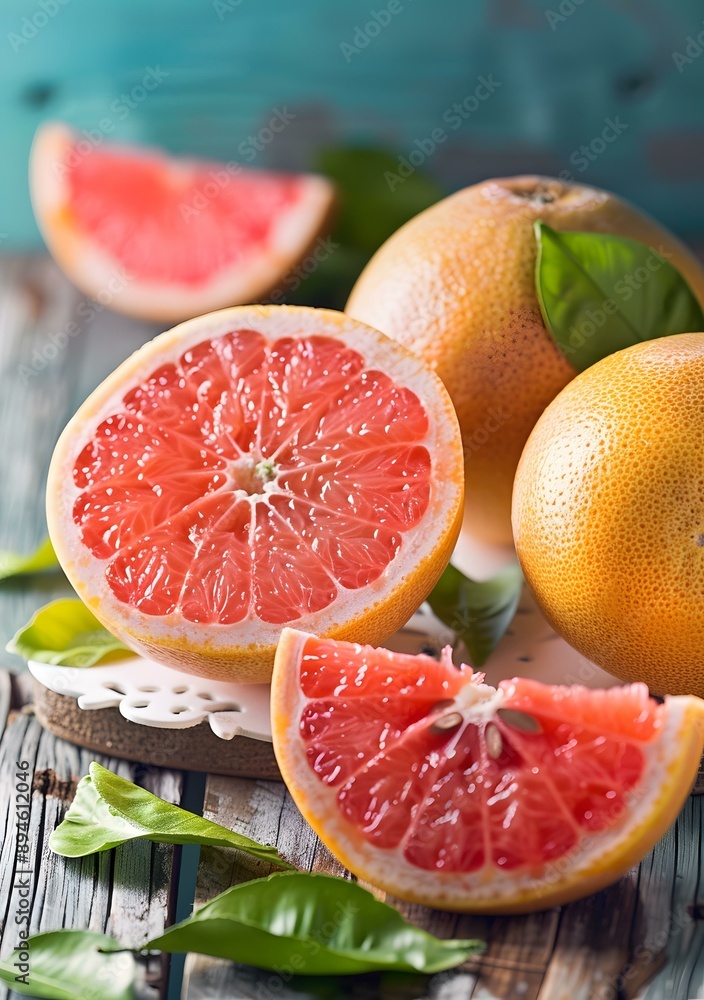 Fresh Pink Grapefruit Slices on Rustic Wooden Table Fresh Pink Grapefruit Slices on Rustic Wooden Table